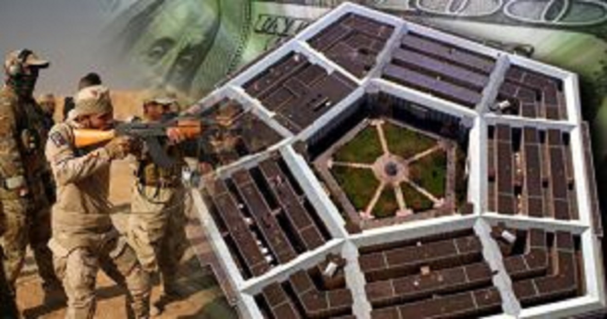 Top view of Pentagon in Virginia, with Iraqi fighters with rifles and U.S. 100-dollar bill superimposed
