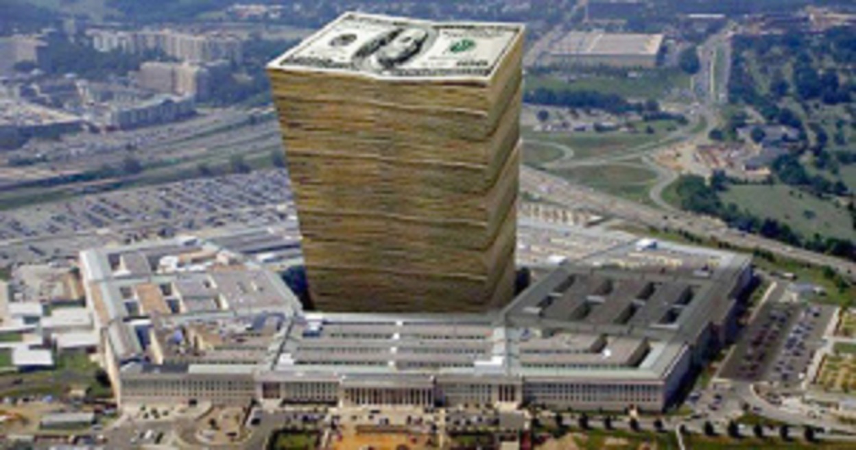 A tall stack of U.S. 100-dollar bills placed in the open space of the Pentagon building