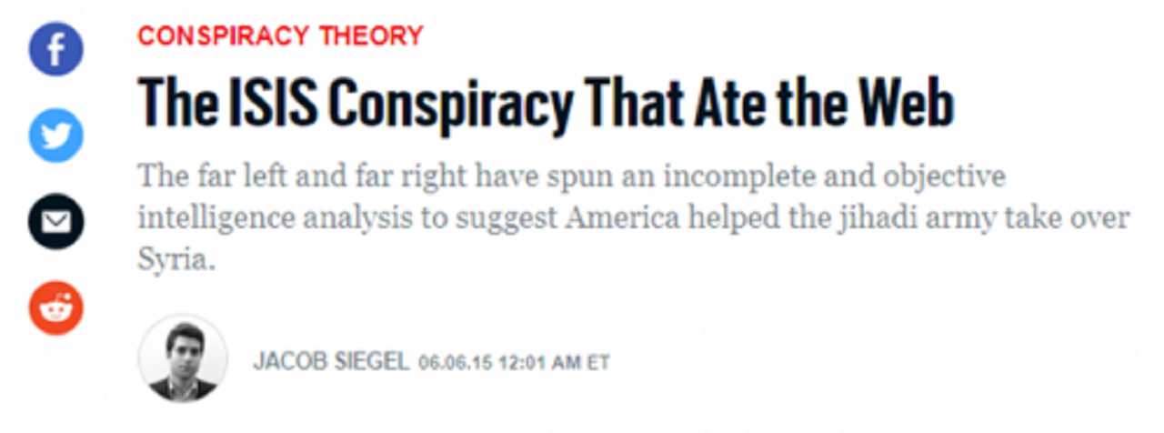 Screenshot of a Daily Beast article headline with the words ‘The ISIS Conspiracy Theory that Ate the Web’